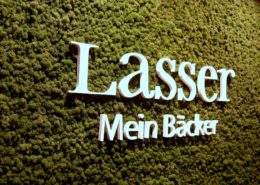 Special wall design with reindeer moss - color mossgreen in a bakery